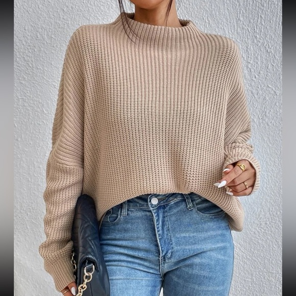 Cozy Oversized Mock Neck Long Sleeve Ribbed Knit Sweater Top - Picture 3 of 8